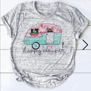 Boutique | Heather Gray "Happy Camper" Trailer Tee Shirt | Size Large